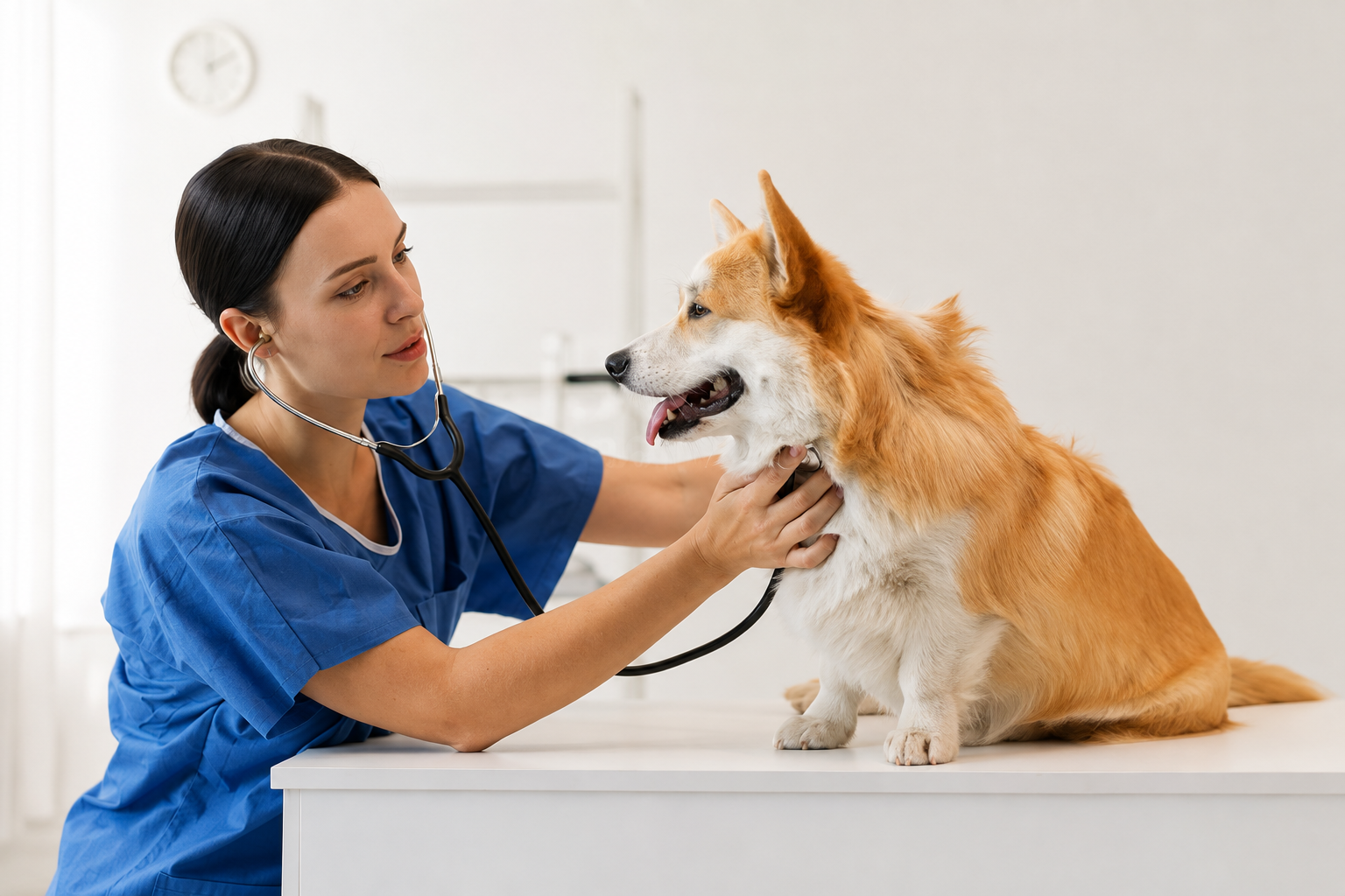 Veterinarian examining a corgi with a stethoscope in a modern clinic