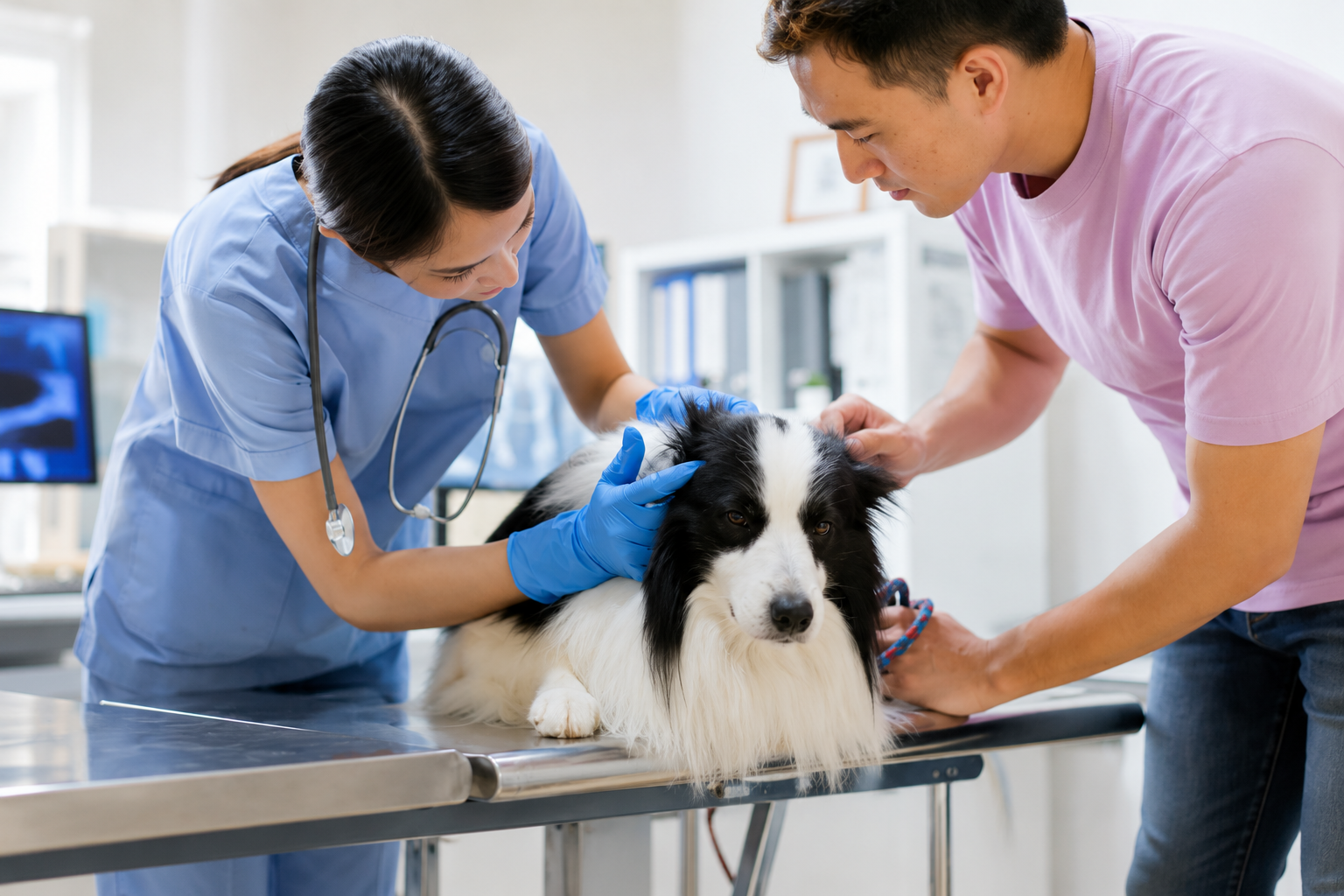 Veterinarian examining a border collie with the owner in a modern clinic